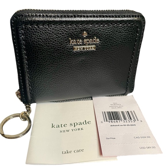 Kate Spade Patterson Drive Black Leather Full Zip Compact Keychain Wallet New - Picture 2 of 4